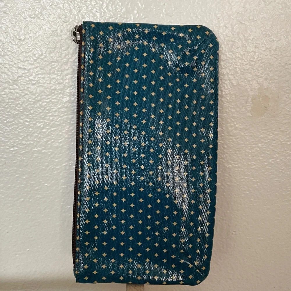 Fossil Teal Blue Gold Starburst Coated Canvas Slim Zipper Pouch Makeup Bag